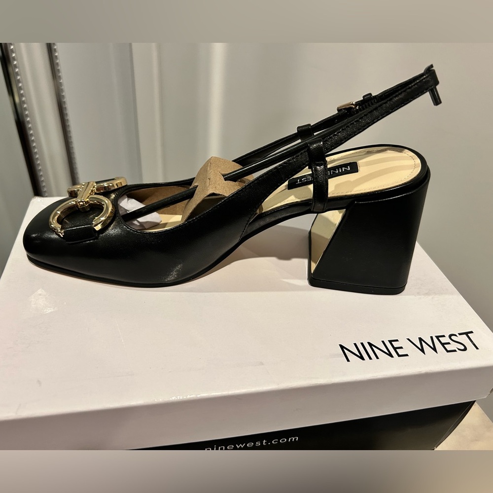 Nine West Black Leather Slingback Block Heel Pumps with Gold Accent